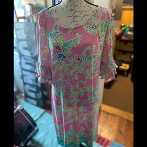 Pappagallo Dress Pink Green Floral Erika Shift Ruffle Sleeve Paradise